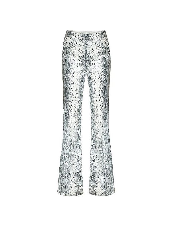 Pantalones acampanados ajustados con lentejuelas y estampado de serpiente de tiro bajo