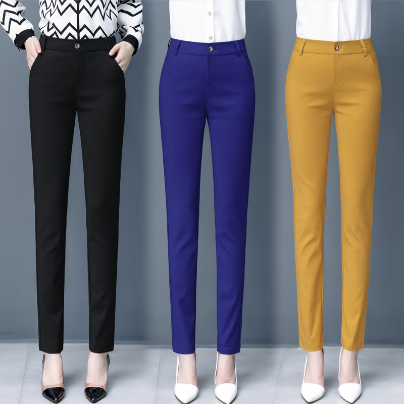 Pantalones de traje azules de primavera para mujer, cintura alta, corte profesional, favorecedores, ajustados y drapeados.