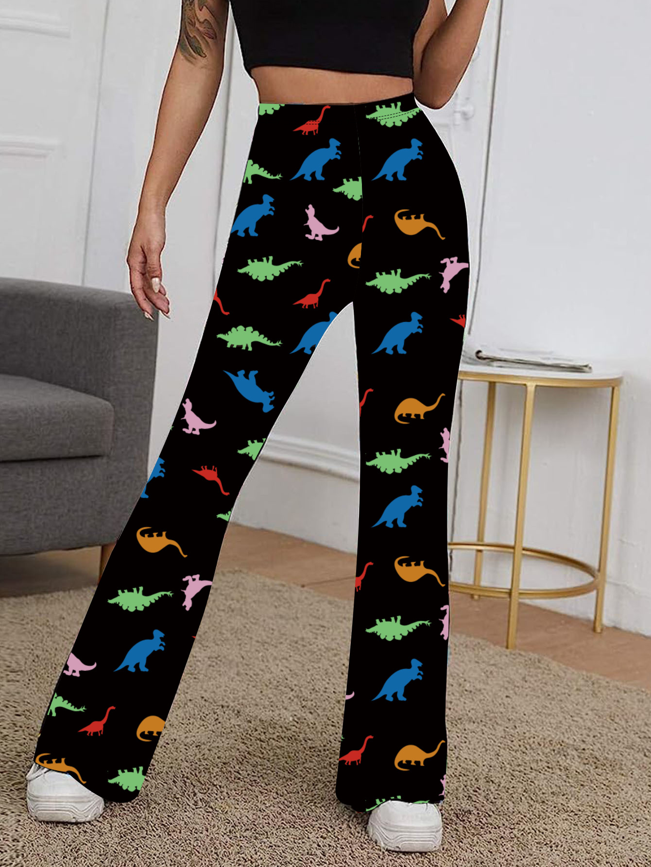 Pantalones largos acampanados con estampado de dinosaurios y cintura alta elástica para mujer
