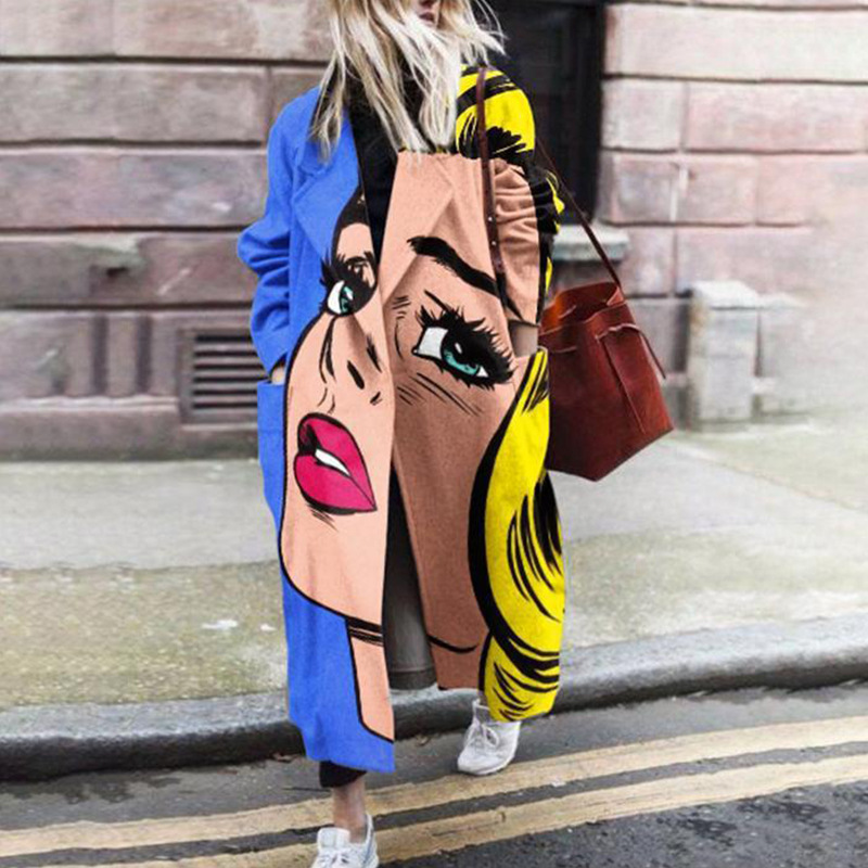 Abrigo de lana de cuello redondo con estampado personalizado para mujer