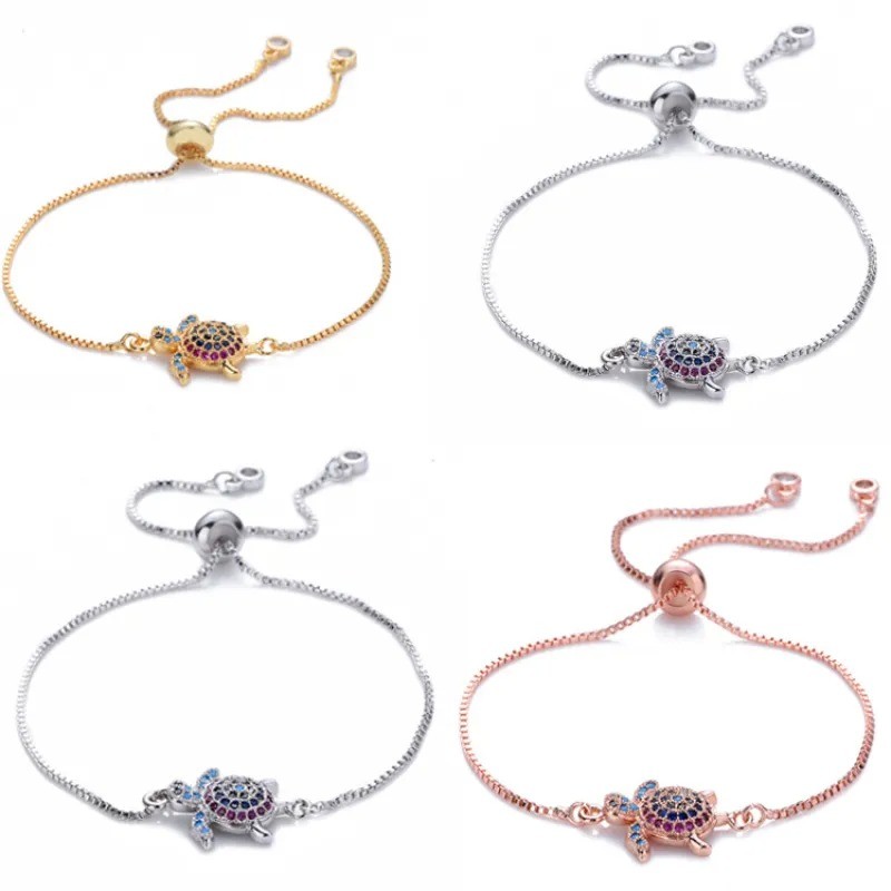 Pulsera ajustable de tortuga marina con brillantes diamantes de imitación - Joyería delicada