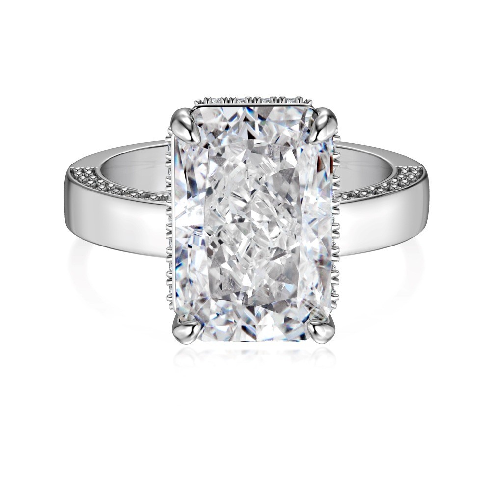 Anillo de plata de ley S925 con corte rectangular de flor de hielo y circonita 8A con diseño de incrustaciones laterales