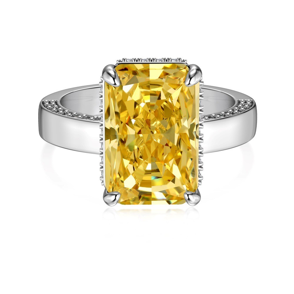 Anillo de plata de ley S925 con corte rectangular de flor de hielo y circonita 8A con diseño de incrustaciones laterales