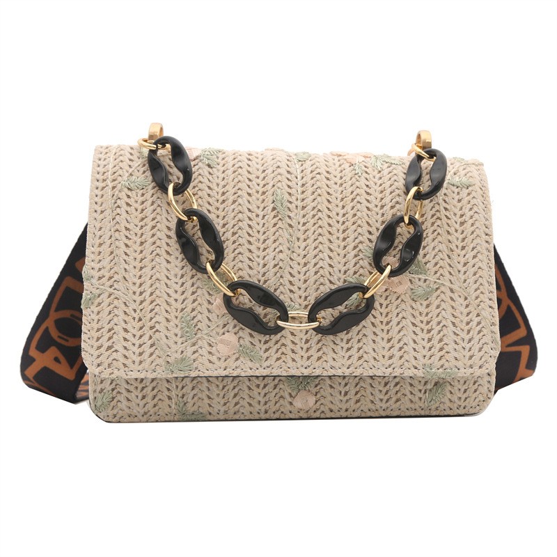 Bolso cuadrado pequeño de paja con cadena acrílica para mujer