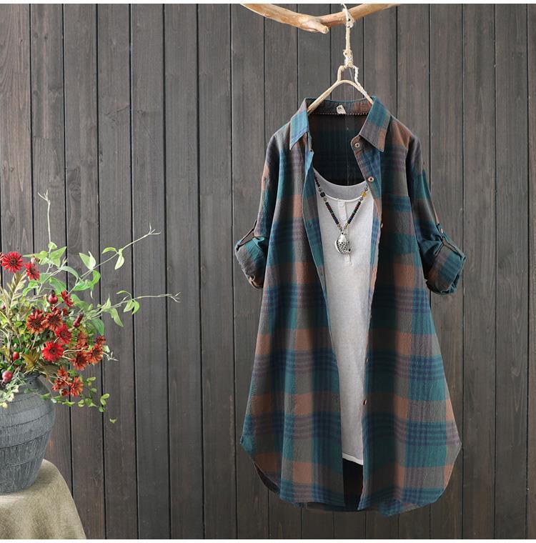 Camisa informal a cuadros para mujer, estilo coreano, holgada, de longitud media