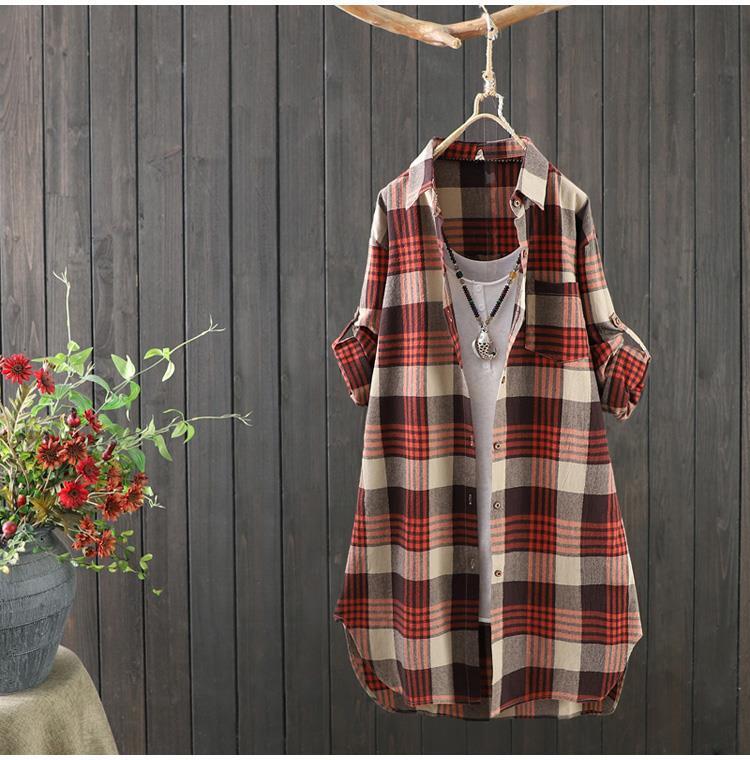 Camisa informal a cuadros para mujer, estilo coreano, holgada, de longitud media