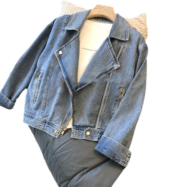 Chaqueta vaquera de manga larga con cremallera y solapa de motociclista de moda