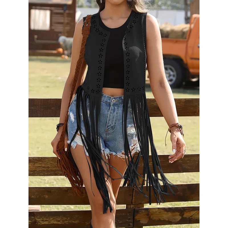 Chaqueta tipo chaleco de ante con costuras sin mangas y caladas