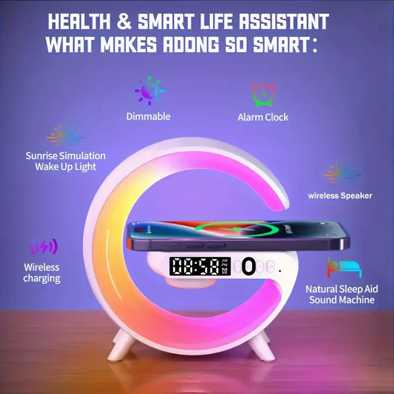 Altavoces inalámbricos con carga rápida inalámbrica, luz RGB rítmica, barra de luz inteligente, reloj despertador de amanecer, luz de despertador para dormitorios, lámpara de mesa regulable.