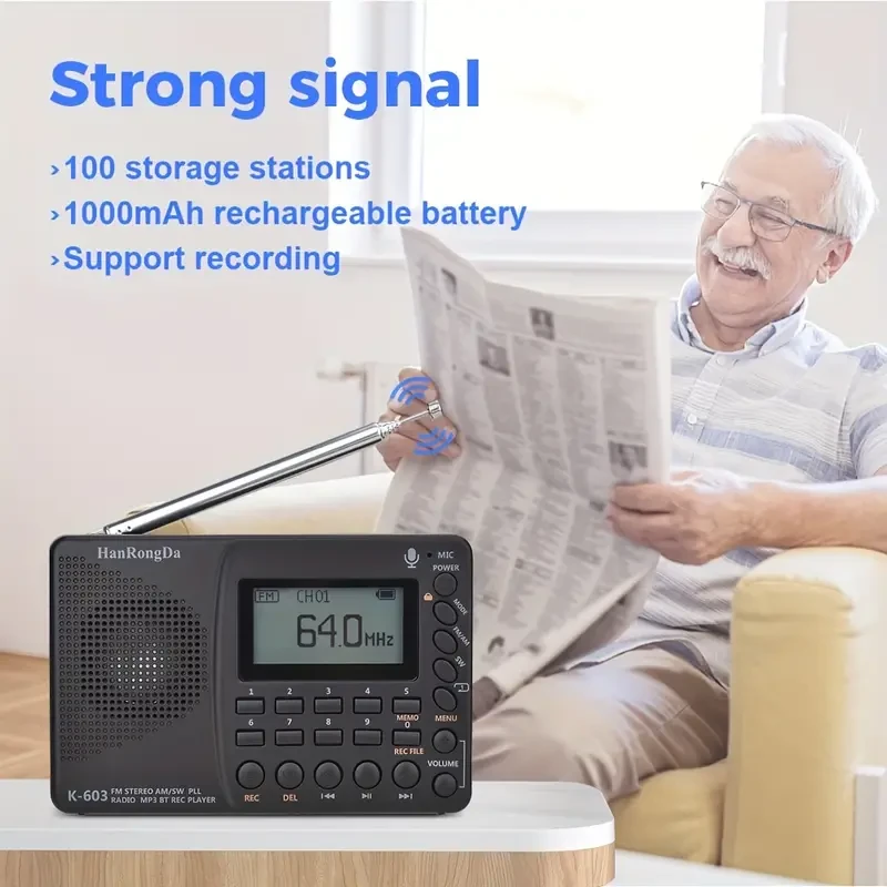 Radio multifuncional K603 FM/SW/AM, radio digital multibanda, reproductor de MP3 estéreo, pantalla LCD, altavoz, compatible con tarjeta Micro SD y AUX, para personas mayores y padres.