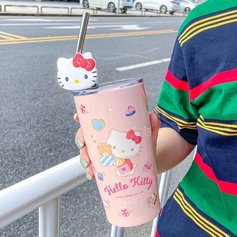 Vaso con pajita de Hello Kitty de Sanrio, Cinnamoroll, adorable caricatura de Kuromi, preservación del calor y aislamiento del frío, vaso de agua de acero inoxidable, regalo perfecto.