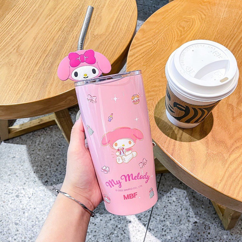 Vaso con pajita de Hello Kitty de Sanrio, Cinnamoroll, adorable caricatura de Kuromi, preservación del calor y aislamiento del frío, vaso de agua de acero inoxidable, regalo perfecto.