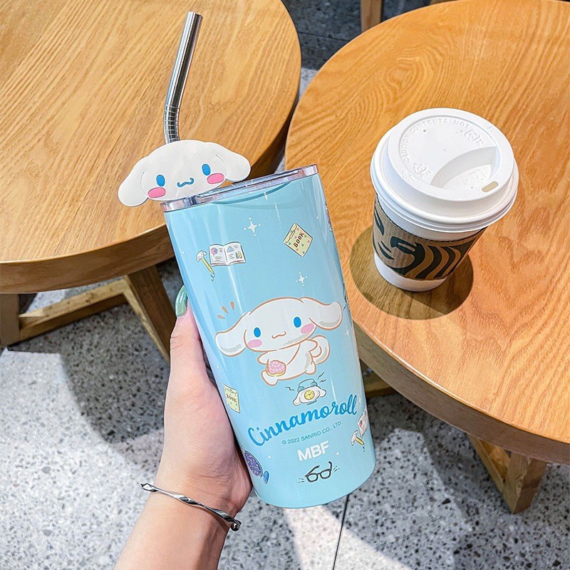 Vaso con pajita de Hello Kitty de Sanrio, Cinnamoroll, adorable caricatura de Kuromi, preservación del calor y aislamiento del frío, vaso de agua de acero inoxidable, regalo perfecto.