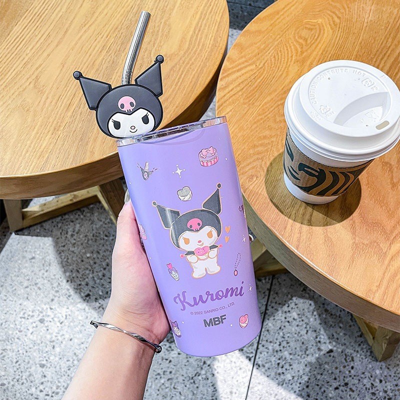 Vaso con pajita de Hello Kitty de Sanrio, Cinnamoroll, adorable caricatura de Kuromi, preservación del calor y aislamiento del frío, vaso de agua de acero inoxidable, regalo perfecto.