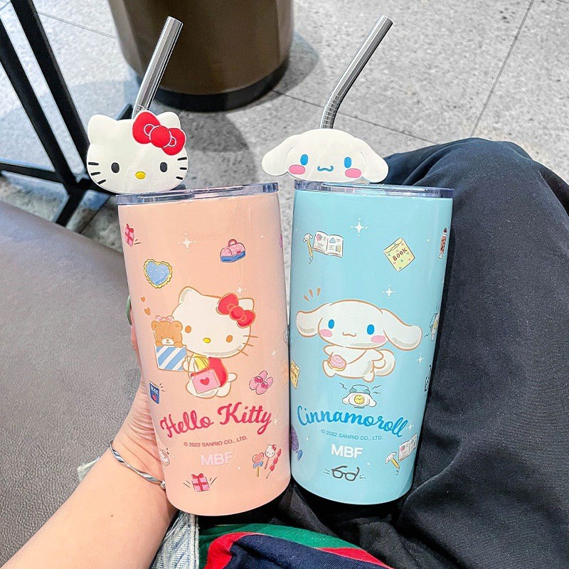 Vaso con pajita de Hello Kitty de Sanrio, Cinnamoroll, adorable caricatura de Kuromi, preservación del calor y aislamiento del frío, vaso de agua de acero inoxidable, regalo perfecto.