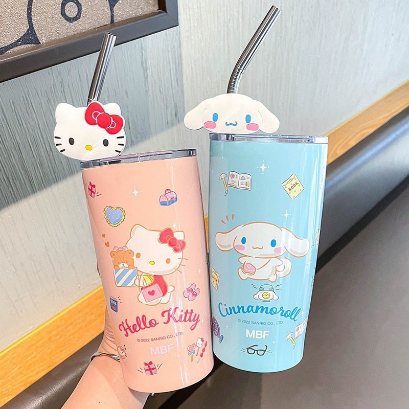 Vaso con pajita de Hello Kitty de Sanrio, Cinnamoroll, adorable caricatura de Kuromi, preservación del calor y aislamiento del frío, vaso de agua de acero inoxidable, regalo perfecto.