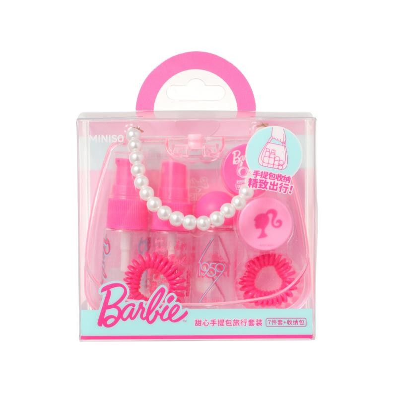 Miniso Barbie - Set de biberones dispensadores, bolso de mano con forma de corazón, bolsa de almacenamiento de 7 biberones dispensadores