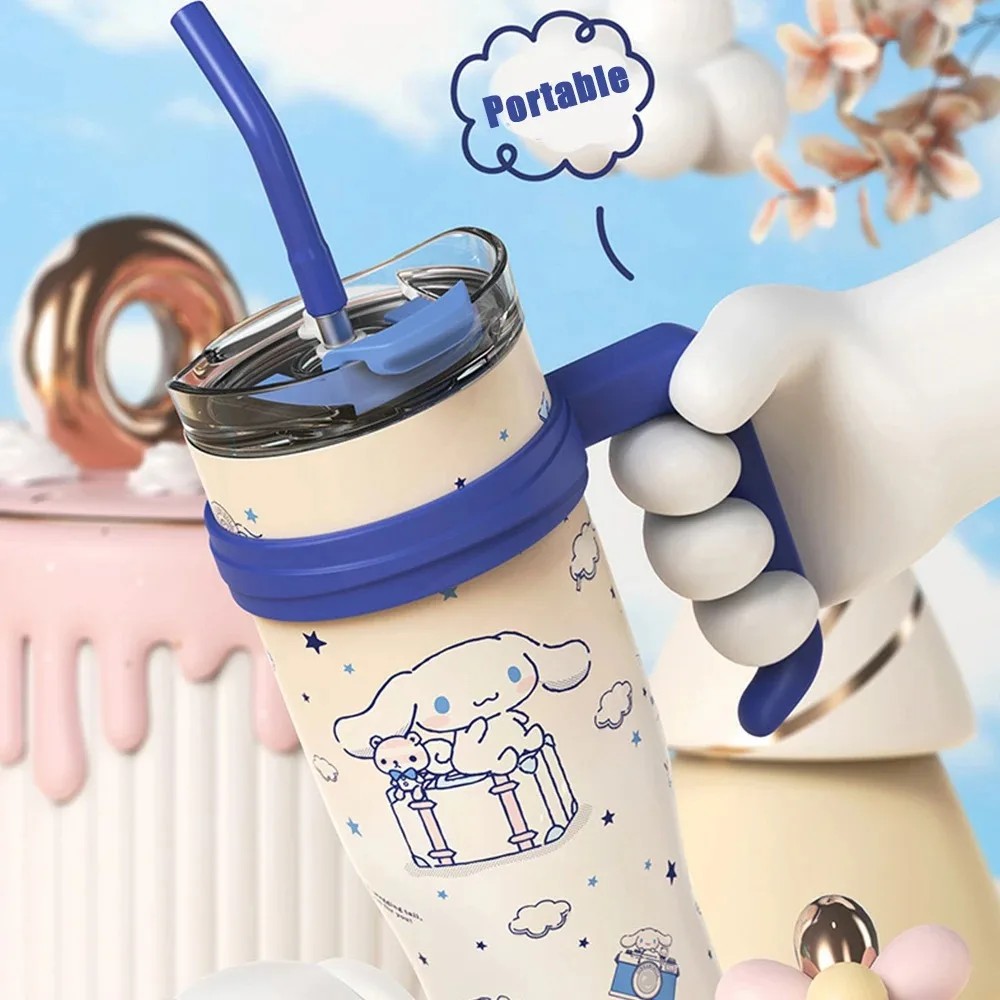 Botella termo Sanrio MINISO de 1200 ml con diseño de Hello Kitty, Kuromi, Cinnamoroll y Melody, de acero inoxidable con pajita (2024)