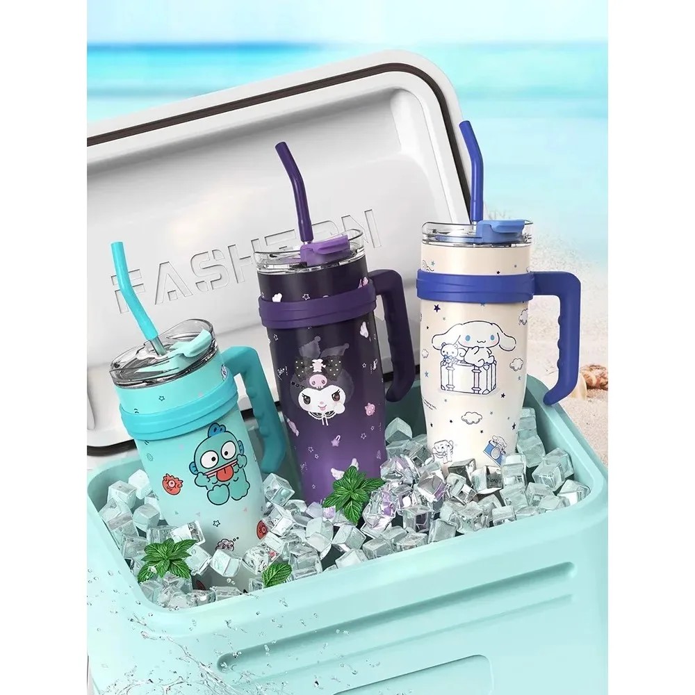 Botella termo Sanrio MINISO de 1200 ml con diseño de Hello Kitty, Kuromi, Cinnamoroll y Melody, de acero inoxidable con pajita (2024)