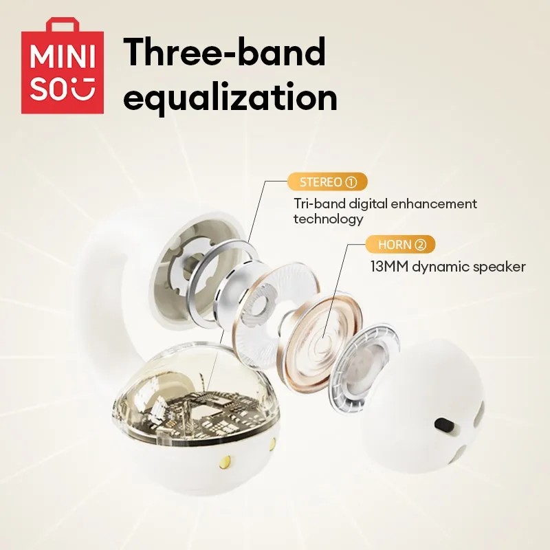 Auriculares inalámbricos MINISO MCT09 originales con Bluetooth V5.3 y control táctil, con clip para la oreja, para música, deportivos y para correr con micrófono.