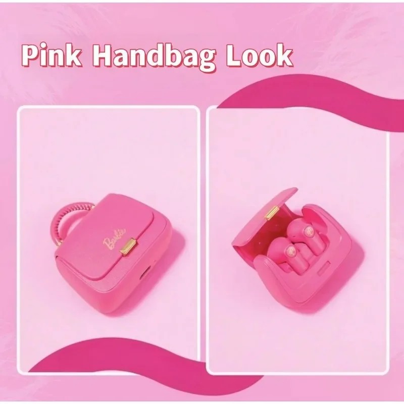Audífonos Bluetooth TWS originales MINISO Barbie, color rosa, con forma de bolso creativo y bonito, ideal como regalo navideño para niñas.