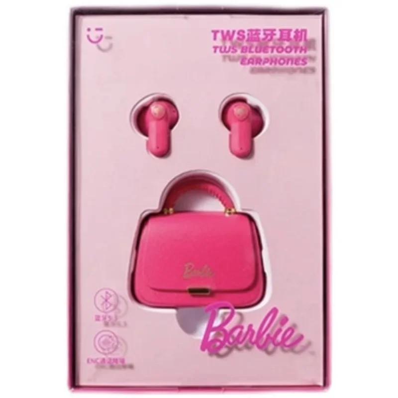 Audífonos Bluetooth TWS originales MINISO Barbie, color rosa, con forma de bolso creativo y bonito, ideal como regalo navideño para niñas.