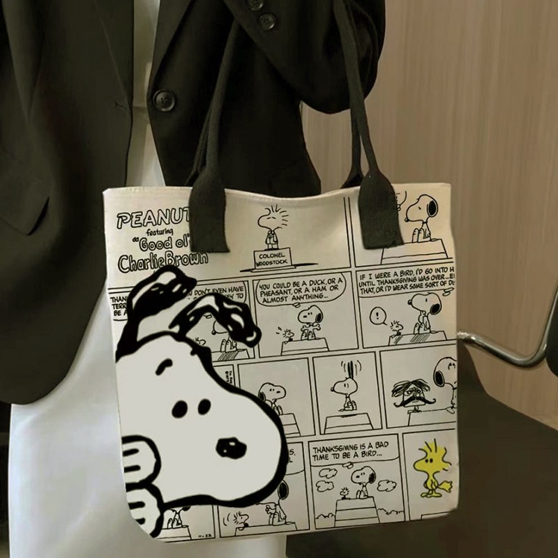 MINISO - Bolso de lona con estampado de Snoopy, gran capacidad, informal, versátil, para compras y para el hombro