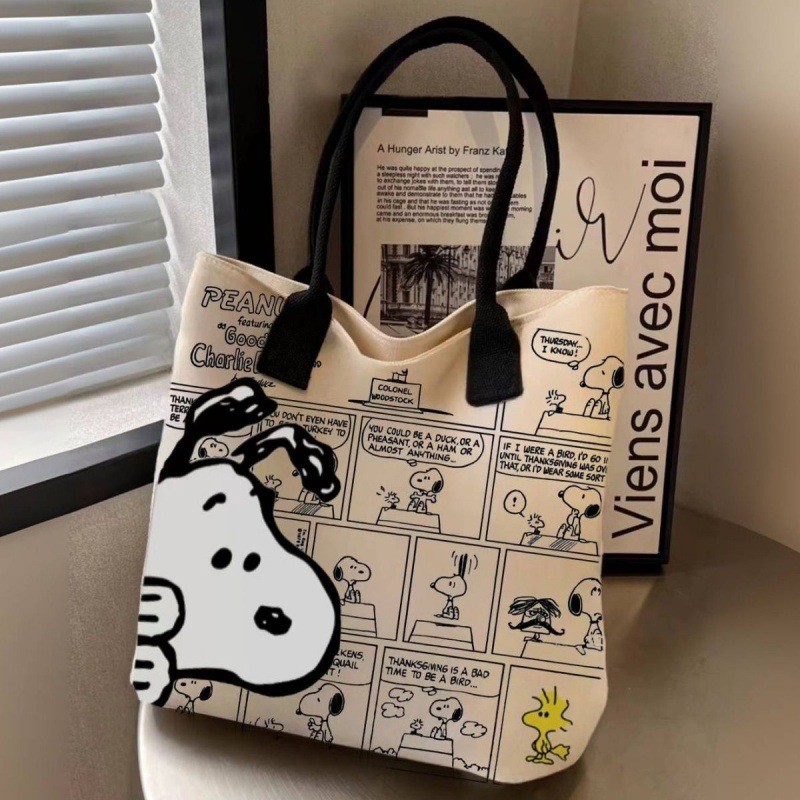MINISO - Bolso de lona con estampado de Snoopy, gran capacidad, informal, versátil, para compras y para el hombro
