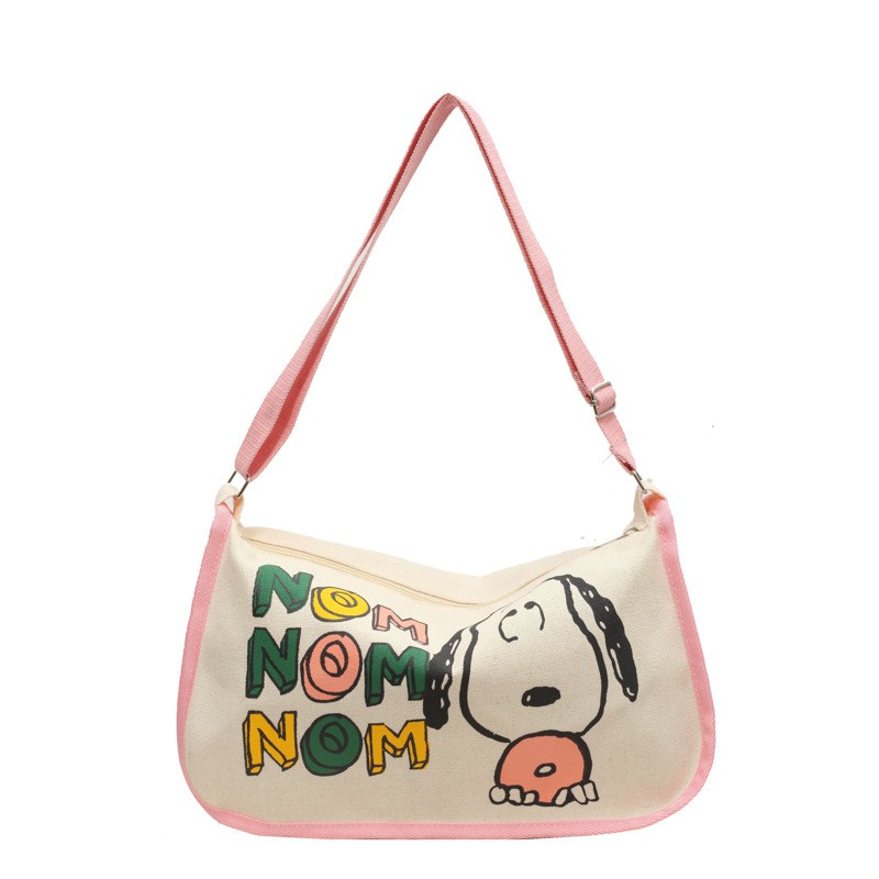 Bolso de lona MINISO con estampado de Snoopy, de gran capacidad, con un solo hombro, tipo bola de masa, bandolera para mujer