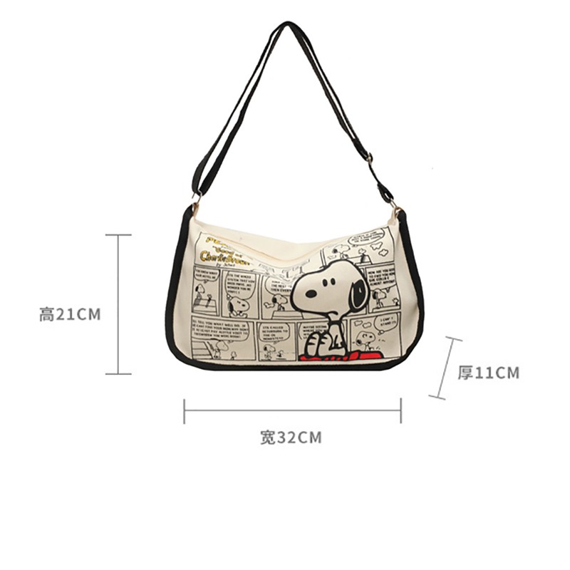 Bolso de lona MINISO con estampado de Snoopy, de gran capacidad, con un solo hombro, tipo bola de masa, bandolera para mujer