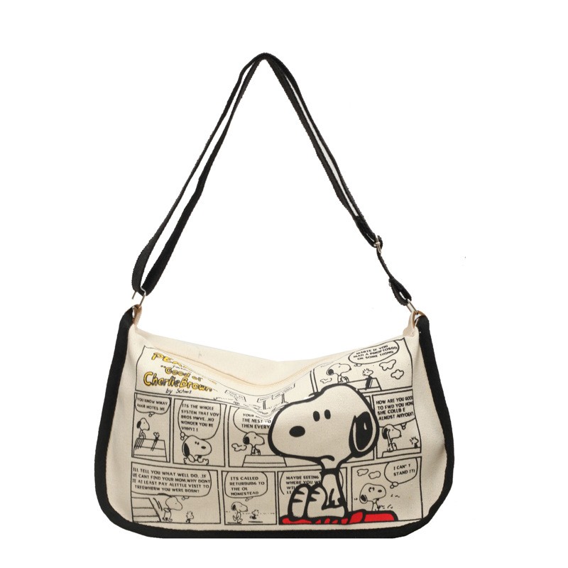 Bolso de lona MINISO con estampado de Snoopy, de gran capacidad, con un solo hombro, tipo bola de masa, bandolera para mujer