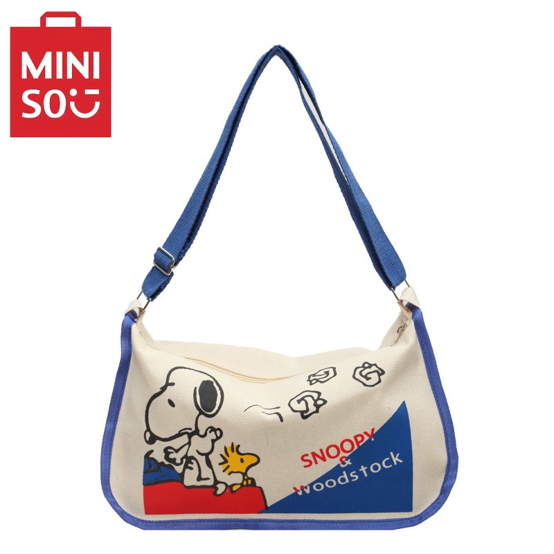Bolso de lona MINISO con estampado de Snoopy, de gran capacidad, con un solo hombro, tipo bola de masa, bandolera para mujer