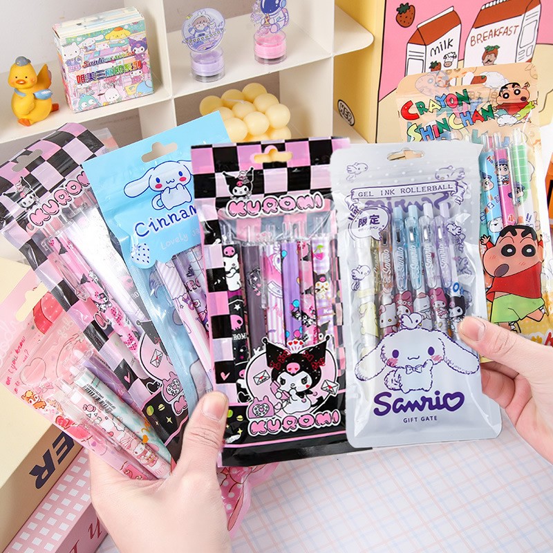 Juego de 6 bolígrafos de gel Kawaii Sanrio Hello Kitty de 0,5 mm, bonitos bolígrafos de gel Kuromi Press con dibujos animados para niños, escuela, estudiantes, papelería, regalo