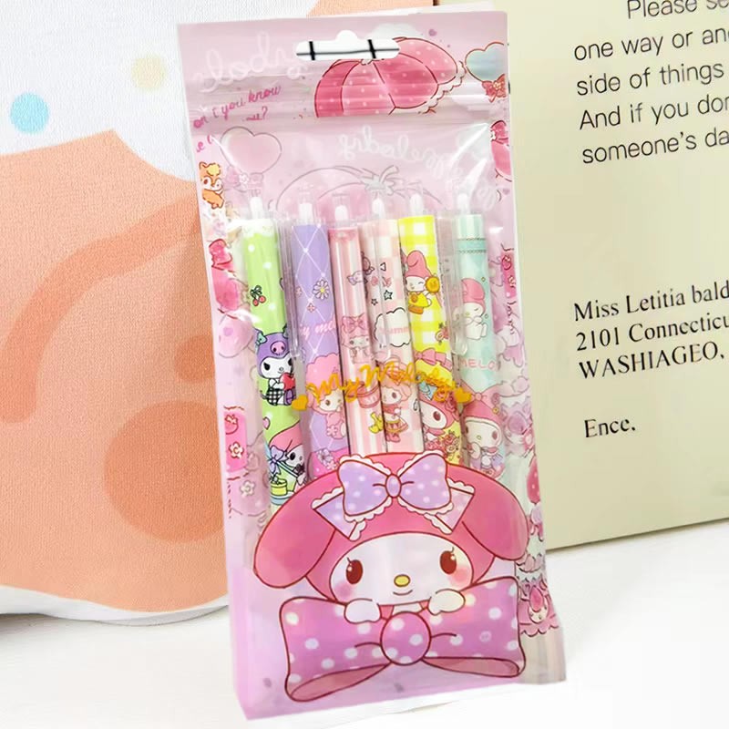 Juego de 6 bolígrafos de gel Kawaii Sanrio Hello Kitty de 0,5 mm, bonitos bolígrafos de gel Kuromi Press con dibujos animados para niños, escuela, estudiantes, papelería, regalo