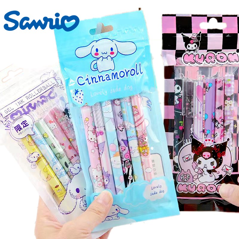 Juego de 6 bolígrafos de gel Kawaii Sanrio Hello Kitty de 0,5 mm, bonitos bolígrafos de gel Kuromi Press con dibujos animados para niños, escuela, estudiantes, papelería, regalo