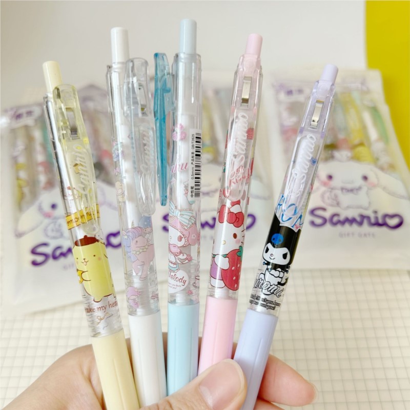 Juego de 6 bolígrafos de gel Kawaii Sanrio Hello Kitty de 0,5 mm, bonitos bolígrafos de gel Kuromi Press con dibujos animados para niños, escuela, estudiantes, papelería, regalo