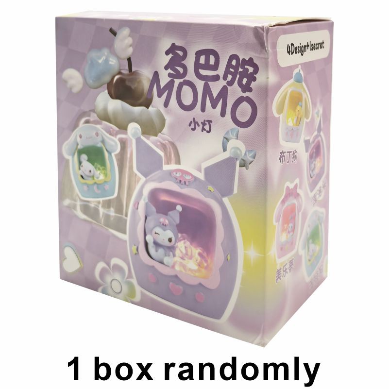 Caja ciega original MINISO Kuromi Melody de dibujos animados, luz nocturna de luna, decoración, adornos, juguetes, regalo para niñas, regalos de cumpleaños para niños.