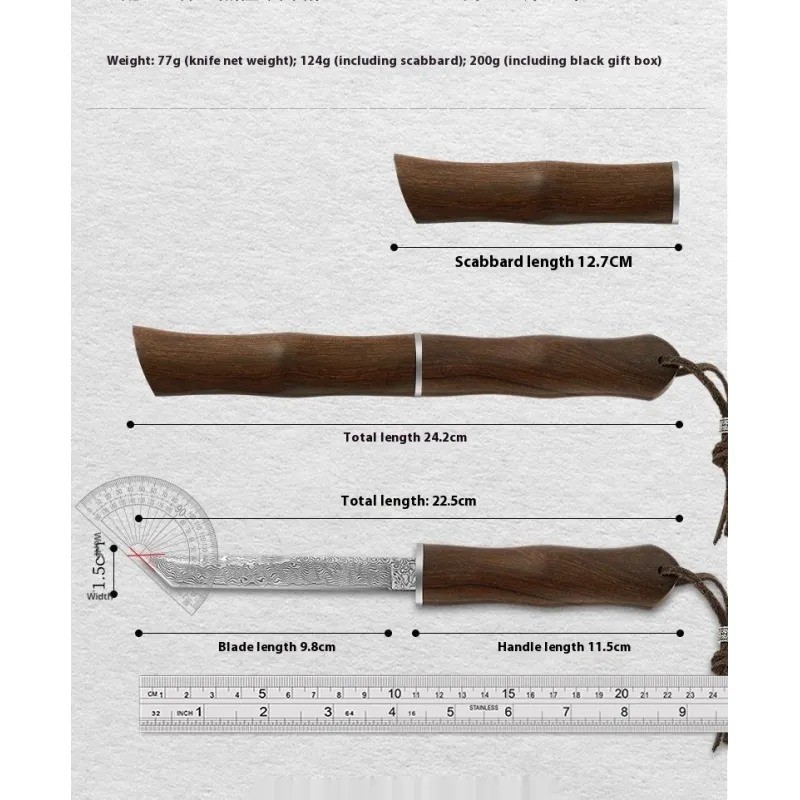 Cuchillo con funda recta de acero de Damasco y sándalo rojo