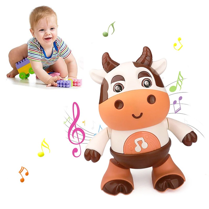 Juguete electrónico de mascota con forma de vaca de dibujos animados para bebé: juguete educativo interactivo con luces, música y baile.