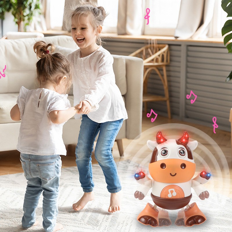 Juguete electrónico de mascota con forma de vaca de dibujos animados para bebé: juguete educativo interactivo con luces, música y baile.