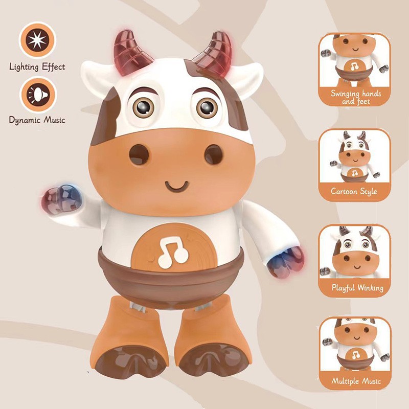 Juguete electrónico de mascota con forma de vaca de dibujos animados para bebé: juguete educativo interactivo con luces, música y baile.
