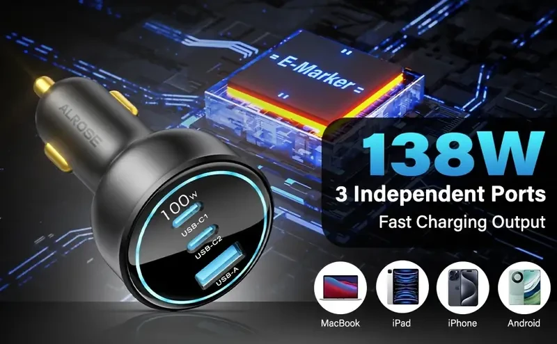 Cargador de coche de 138 W USB tipo C, cargador rápido GaN