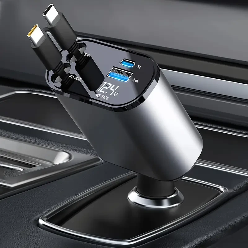 Cargador retráctil para coche YITUMU, 100 W, cargador rápido dual tipo C, cable retráctil (80,01 cm) y 2 puertos de carga.