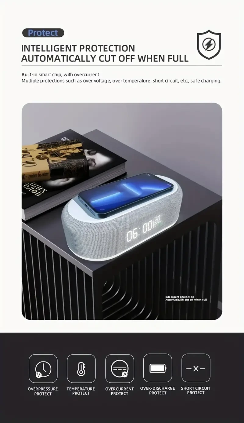 Reloj de mesa de noche de carga rápida de 15 W - Alarma digital con pantalla de temperatura y luz nocturna suave - Cargador inalámbrico universal para iPhone