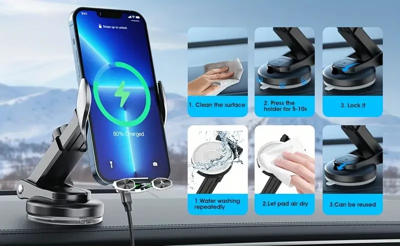 Cargador inalámbrico para coche ITUMU de 15 W con carga rápida, soporte de teléfono con sujeción automática USB tipo C para salpicadero y ventilación.