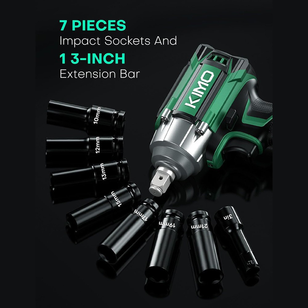 Llave de impacto inalámbrica de 1/2", tope de freno premium, 3000 RPM y torque máximo de 350 ft-lbs (475 Nm), 7 dados y barra de extensión de 3 pulgadas, pistola de impacto de 1/2"