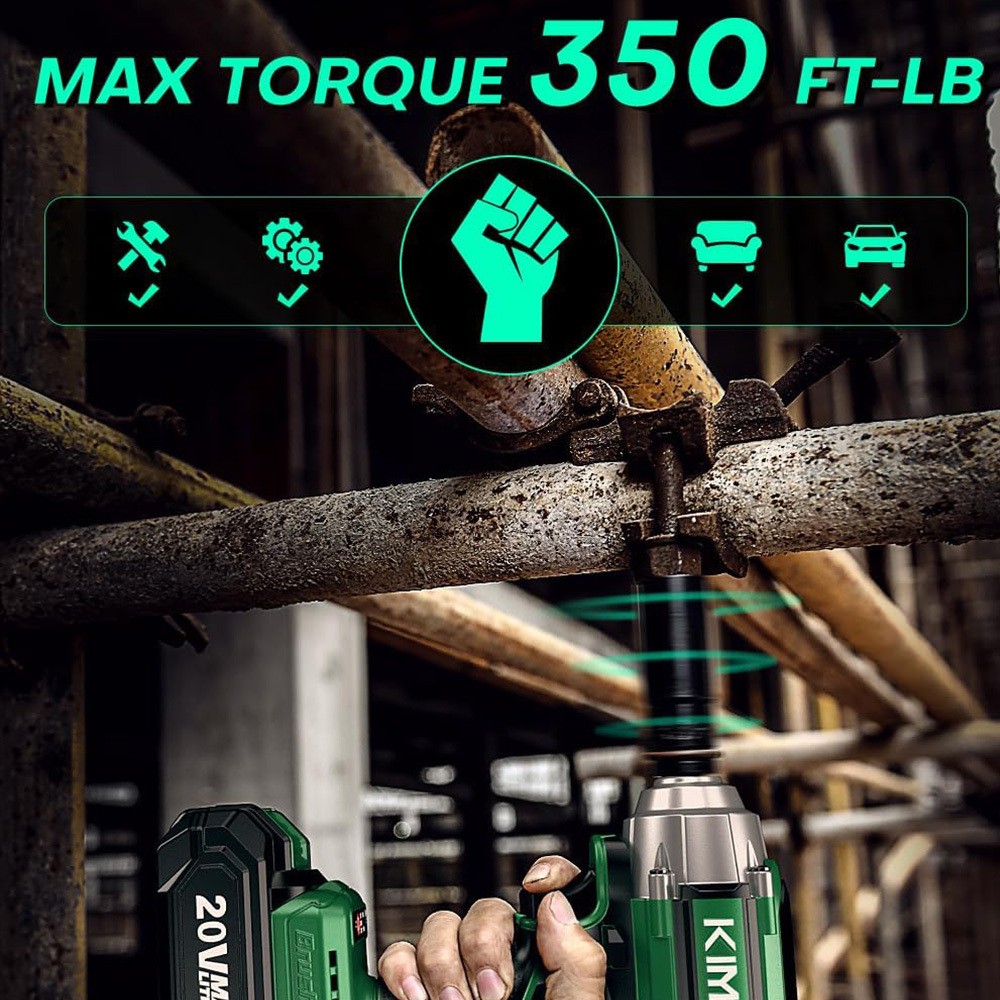Llave de impacto inalámbrica de 1/2", tope de freno premium, 3000 RPM y torque máximo de 350 ft-lbs (475 Nm), 7 dados y barra de extensión de 3 pulgadas, pistola de impacto de 1/2"