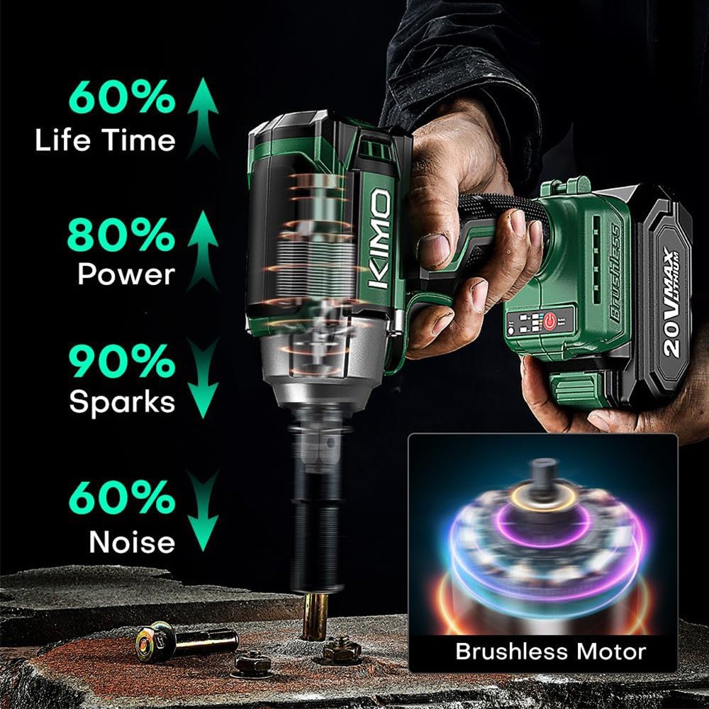 Llave de impacto inalámbrica de 1/2", tope de freno premium, 3000 RPM y torque máximo de 350 ft-lbs (475 Nm), 7 dados y barra de extensión de 3 pulgadas, pistola de impacto de 1/2"