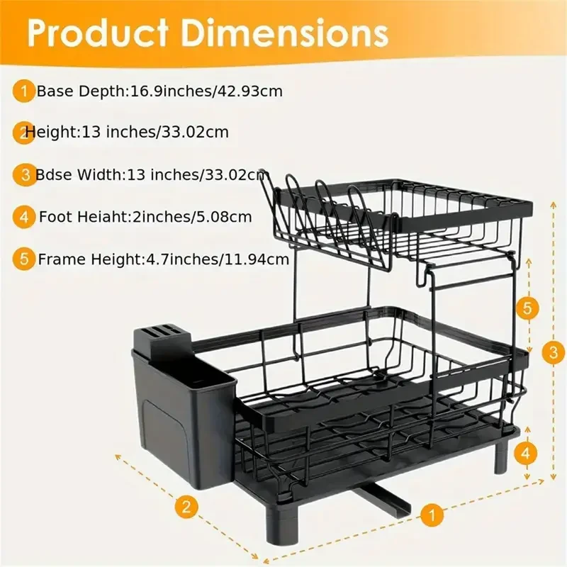 Escurreplatos de hierro de dos niveles que ahorra espacio con soporte para utensilios: organizador de cocina resistente al óxido y fácil de limpiar.