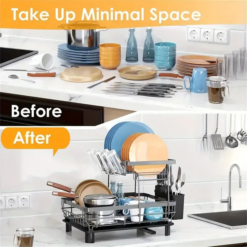 Escurreplatos de hierro de dos niveles que ahorra espacio con soporte para utensilios: organizador de cocina resistente al óxido y fácil de limpiar.